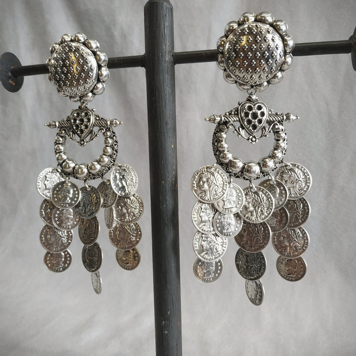 Statement vintage coin stamping drop chandelier earrings - The Hirst Collection