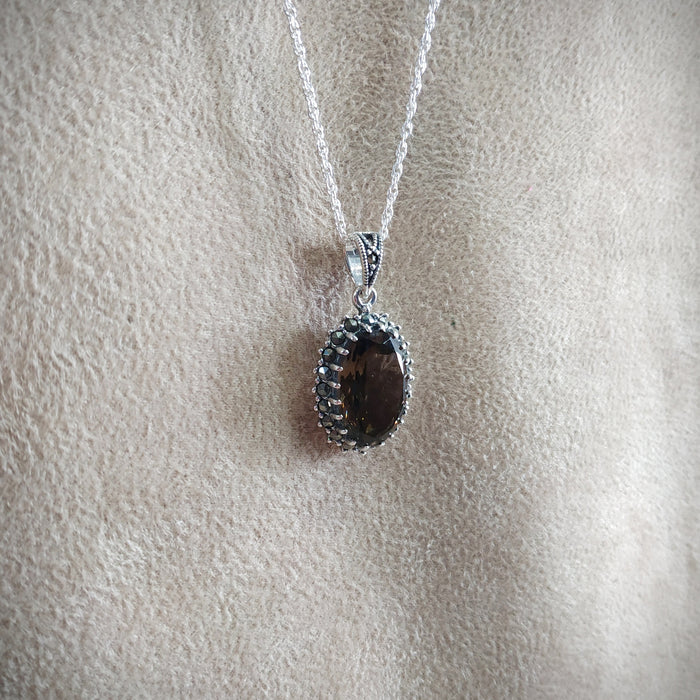 Smoky Quartz Oval Pendant Necklace Silver Marcasite - The Hirst Collection