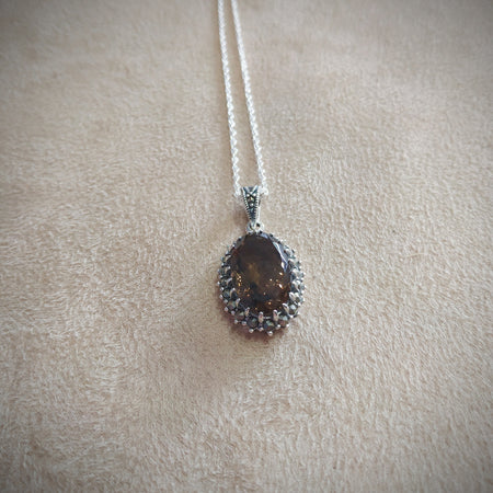 Smoky Quartz Oval Pendant Necklace Silver Marcasite - The Hirst Collection