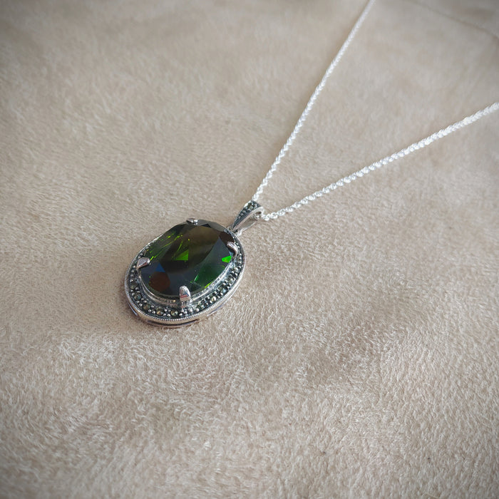 Large Olive Green Oval pendant Necklace Silver Marcasite Cubic Zirconia - The Hirst Collection