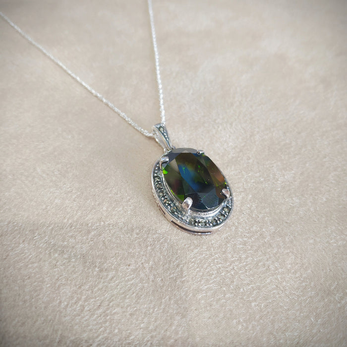 Large Olive Green Oval pendant Necklace Silver Marcasite Cubic Zirconia - The Hirst Collection