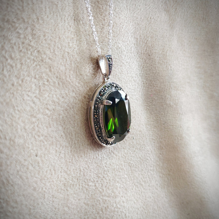 Large Olive Green Oval pendant Necklace Silver Marcasite Cubic Zirconia - The Hirst Collection