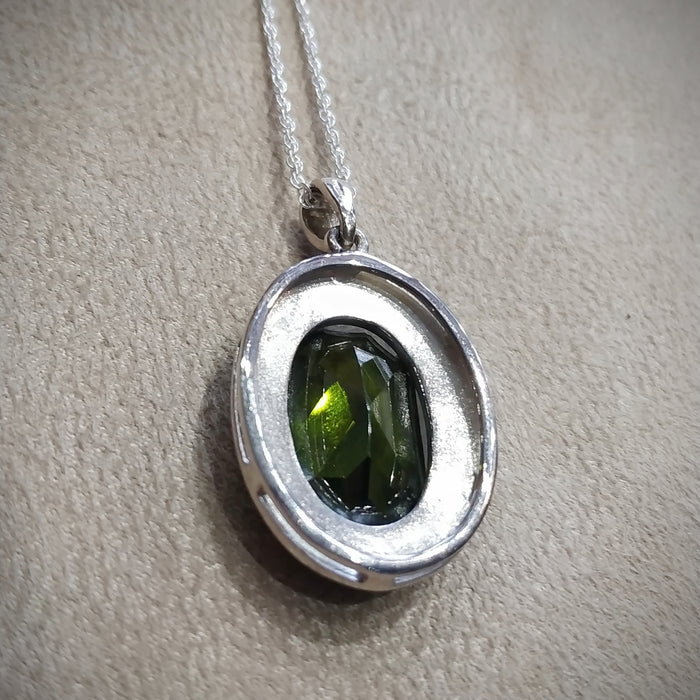 Large Olive Green Oval pendant Necklace Silver Marcasite Cubic Zirconia - The Hirst Collection