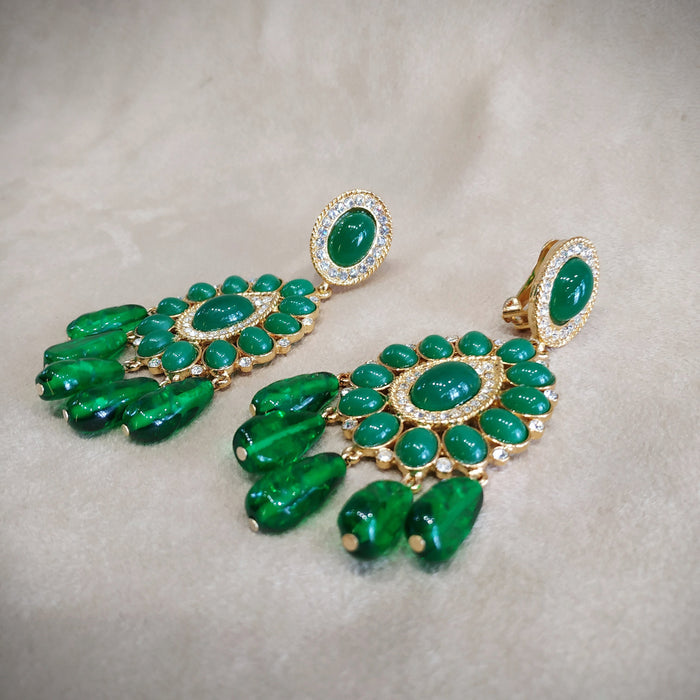 Kenneth Jay Lane. Jade Green glass Chandelier Vintage Clip on Earrings - The Hirst Collection