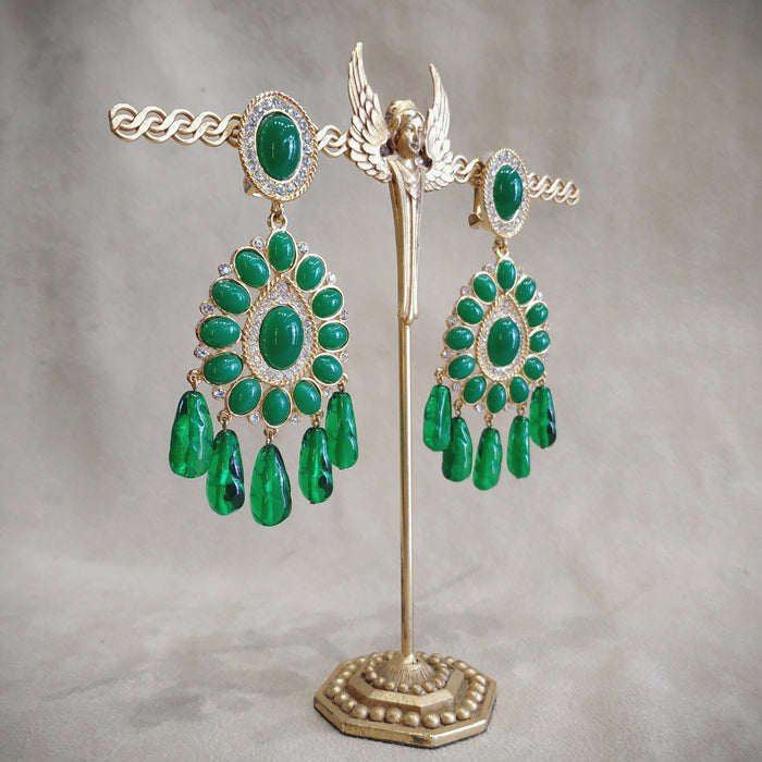 Kenneth Jay Lane. Jade Green glass Chandelier Vintage Clip on Earrings - The Hirst Collection