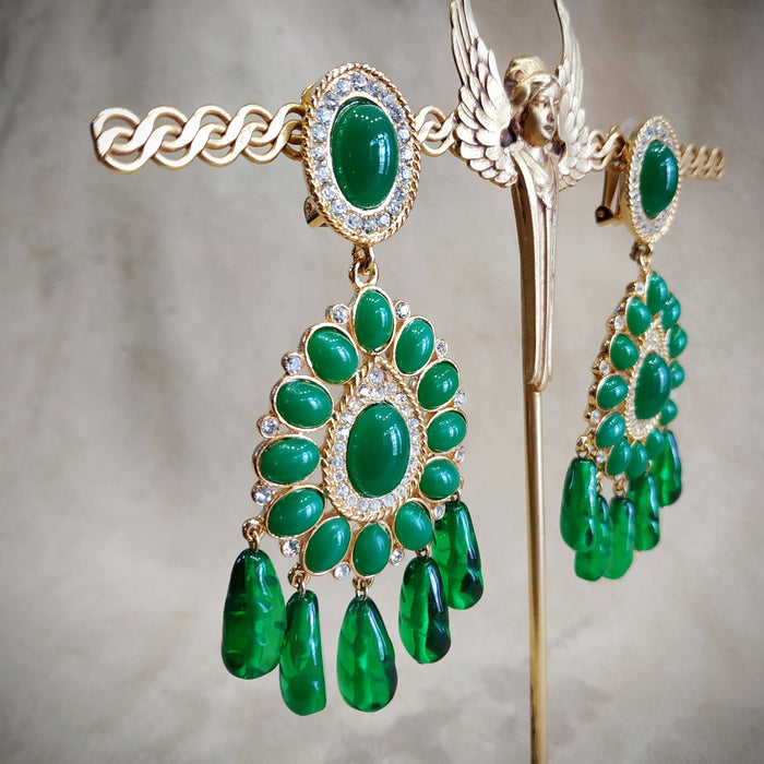 Kenneth Jay Lane. Jade Green glass Chandelier Vintage Clip on Earrings - The Hirst Collection