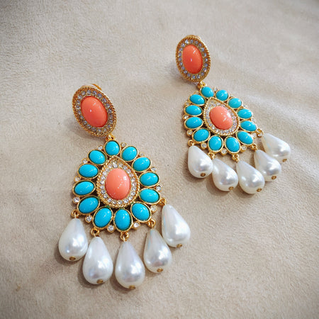 Kenneth Jay Lane Coral Turquoise Pearl Chandelier Vintage Clip on Earrings - The Hirst Collection