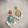 Kenneth Jay Lane Coral Turquoise Pearl Chandelier Vintage Clip on Earrings - The Hirst Collection