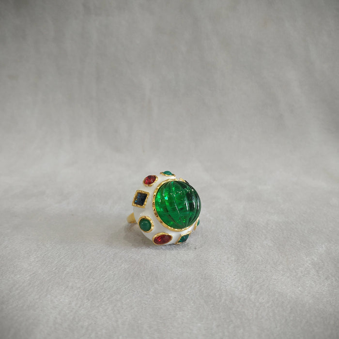 Kenneth Jay Lane Emerald Green White Enamel Jewelled Statement ring - The Hirst Collection