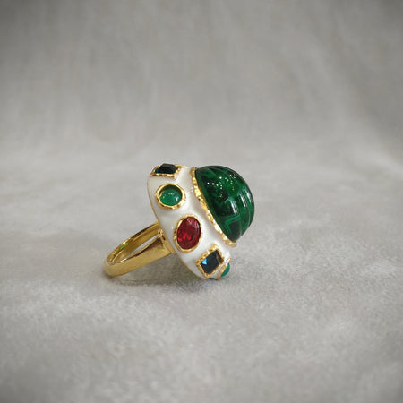 Kenneth Jay Lane Emerald Green White Enamel Jewelled Statement ring - The Hirst Collection