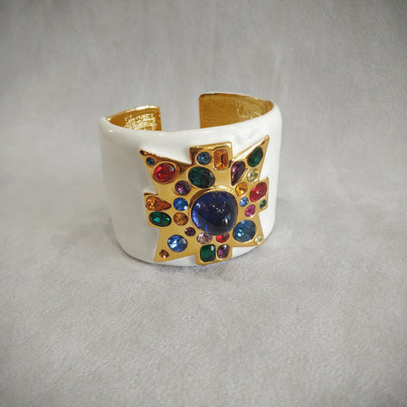Kenneth Jay Lane Jewelled Cross White Enamel Cuff Bracelet - The Hirst Collection