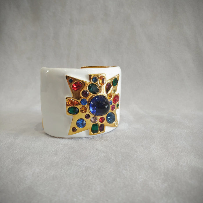 Kenneth Jay Lane Jewelled Cross White Enamel Cuff Bracelet - The Hirst Collection