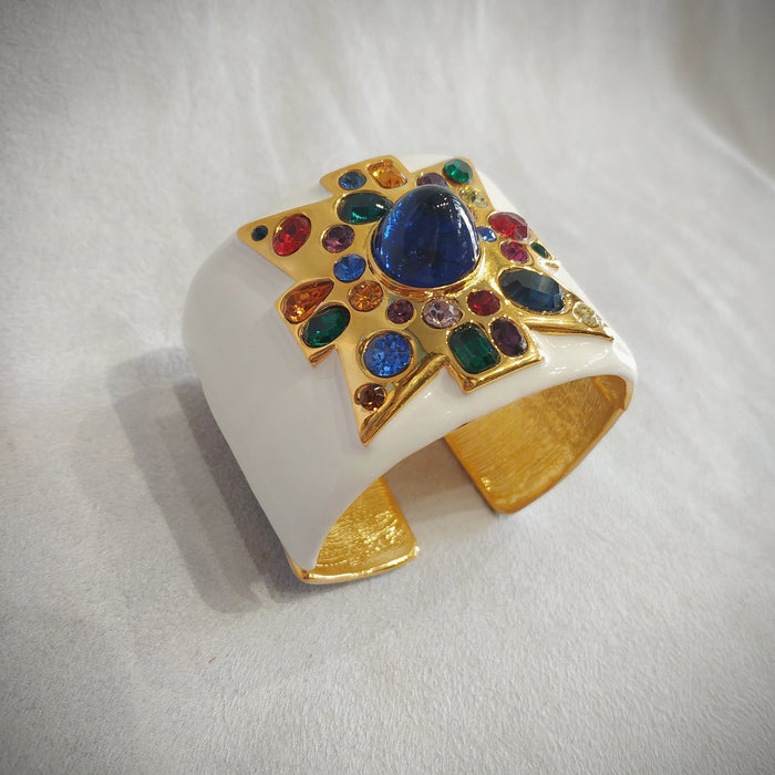 Kenneth Jay Lane Jewelled Cross White Enamel Cuff Bracelet - The Hirst Collection