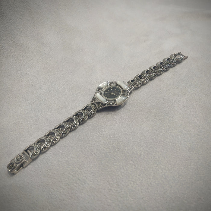 Art Deco watch in mother  of pearl Marcasite Sterling Silver - The Hirst Collection