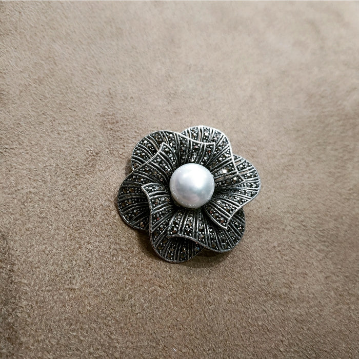 Pearl Flower Brooch Silver Marcasite Pendant Pin - The Hirst Collection