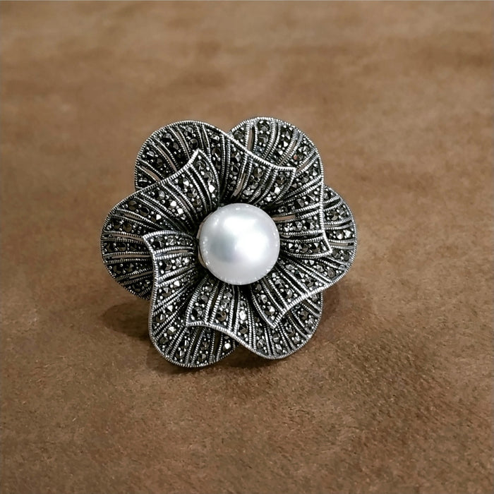 Pearl Flower Brooch Silver Marcasite Pendant Pin - The Hirst Collection