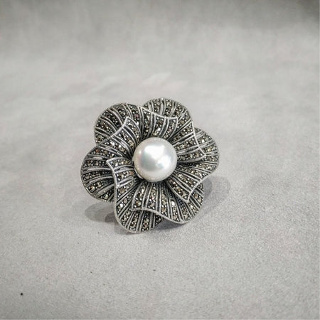 Pearl Flower Brooch Silver Marcasite Pendant Pin - The Hirst Collection