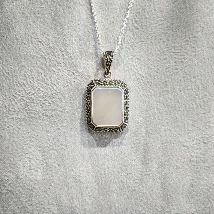 Mother of Pearl Bridal Queen Solitaire Pendant Necklace Silver Marcasite - The Hirst Collection