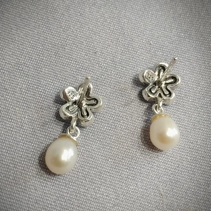 Real pearl drop Earrings silver Marcasite vintage bride - The Hirst Collection
