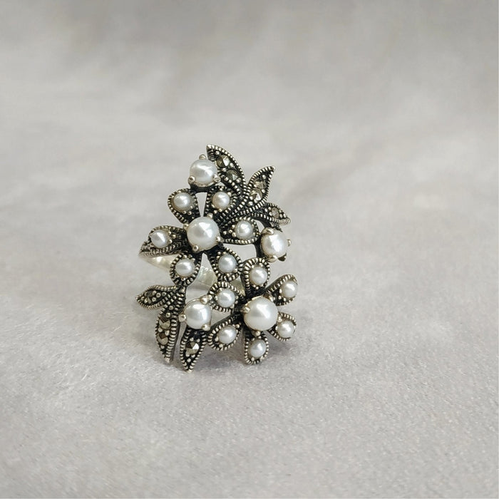 Silver Marcasite Freshwater Pearl Floral Ring - The Hirst Collection