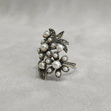 Silver Marcasite Freshwater Pearl Floral Ring - The Hirst Collection