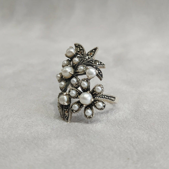 Silver Marcasite Freshwater Pearl Floral Ring - The Hirst Collection