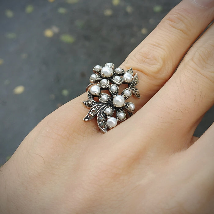 Silver Marcasite Freshwater Pearl Floral Ring - The Hirst Collection