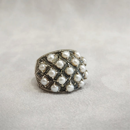 Art Deco Dots Ring Silver Freshwater Pearl Marcasite - The Hirst Collection