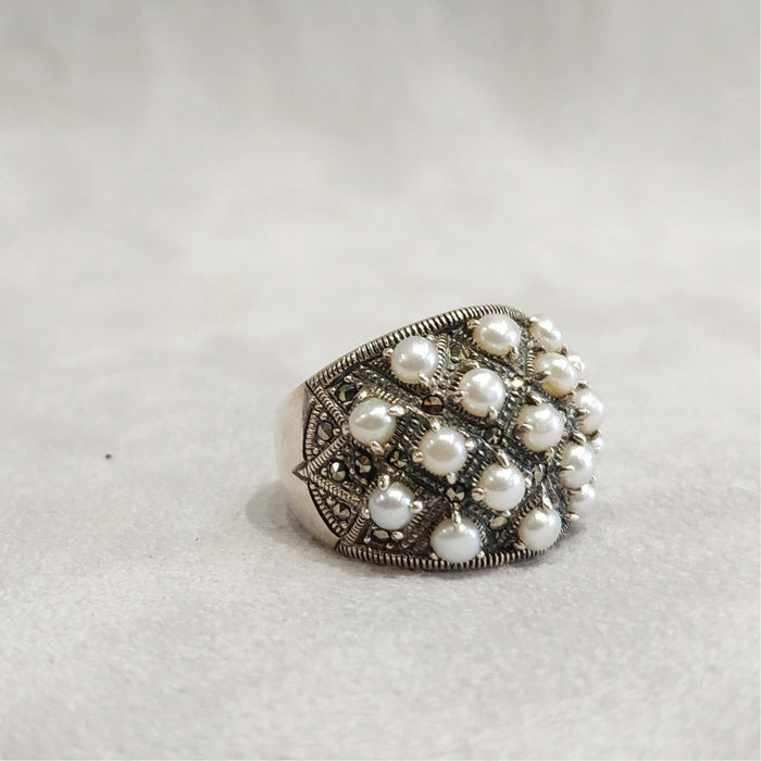 Art Deco Dots Ring Silver Freshwater Pearl Marcasite - The Hirst Collection