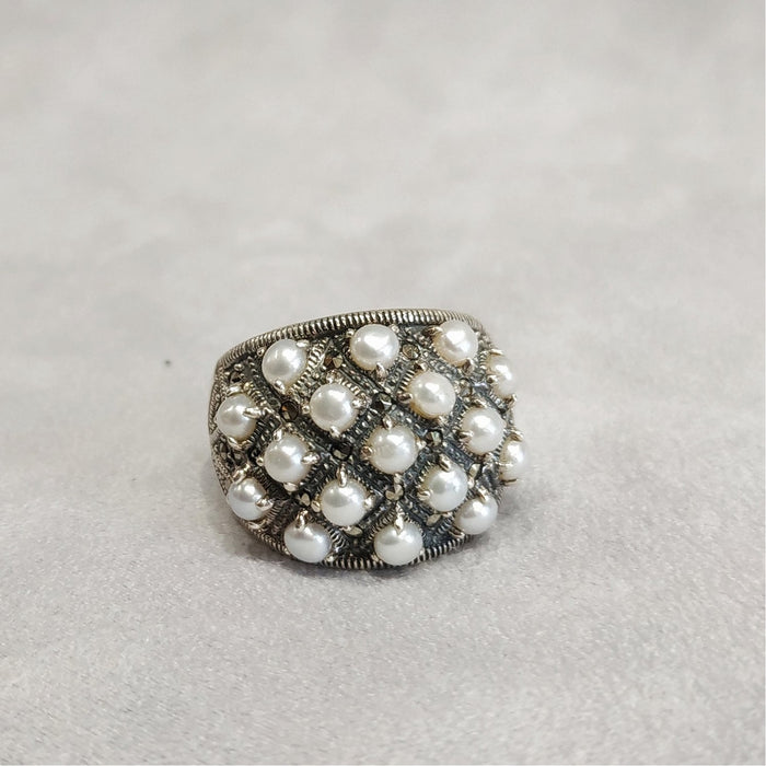 Art Deco Dots Ring Silver Freshwater Pearl Marcasite - The Hirst Collection