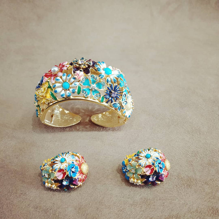 Kenneth Jay Lane Multi coloured Floral enamel Half hoop Vintage Clip on Earrings - The Hirst Collection