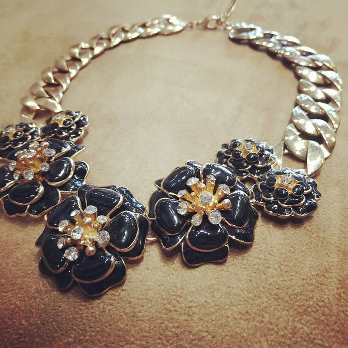 Black Enamel Floral Statement Necklace - The Hirst Collection