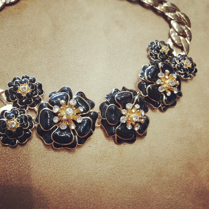 Black Enamel Floral Statement Necklace - The Hirst Collection