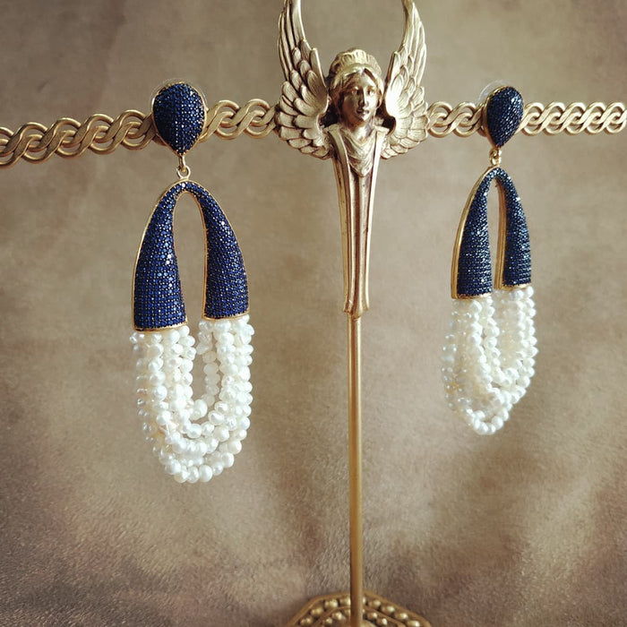 Natural waterfall pearl and sapphire crystal pave earrings - The Hirst Collection