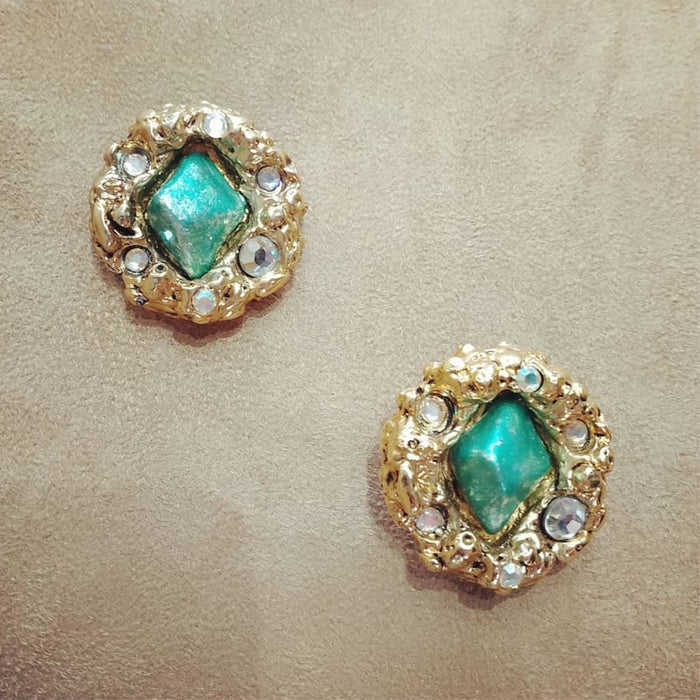 Jacky De G Chunky Vintage Gold Green Round Earrings - The Hirst Collection