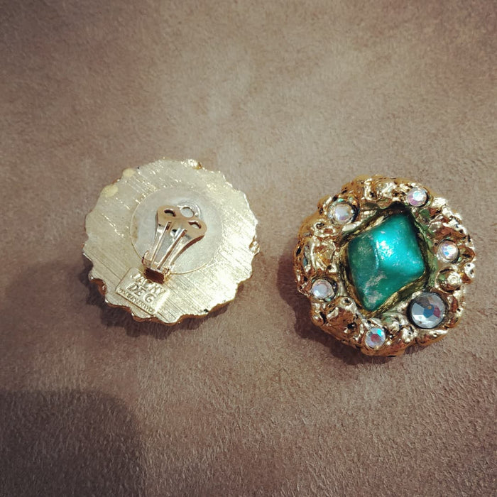 Jacky De G Chunky Vintage Gold Green Round Earrings - The Hirst Collection