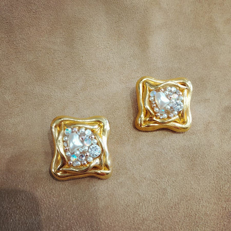 Jacky De G Chunky Vintage Gold Square pearl  Earrings - The Hirst Collection