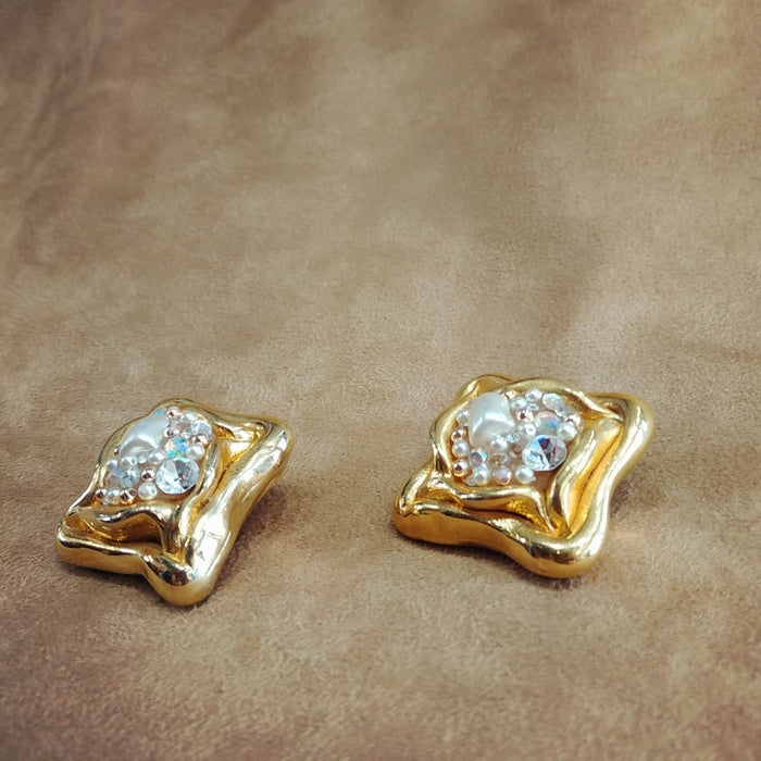 Jacky De G Chunky Vintage Gold Square pearl  Earrings - The Hirst Collection