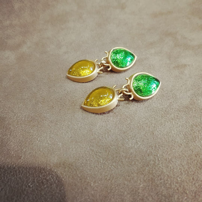 Rima Ariss Green Yellow Foil Glass Clip On Drop earrings - The Hirst Collection
