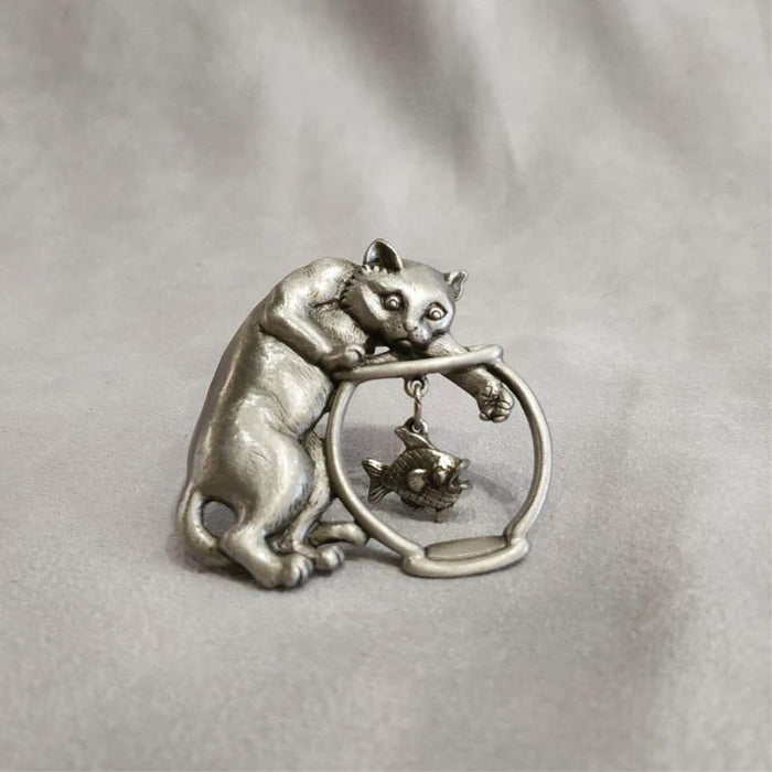 JJ Cat brooch  with a Dangling Fish in a Fishbowl in pewter - The Hirst Collection