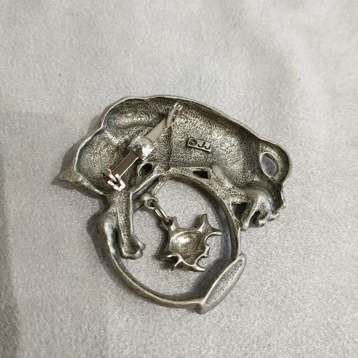 JJ Cat brooch  with a Dangling Fish in a Fishbowl in pewter - The Hirst Collection