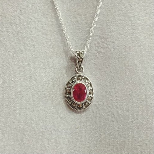 Ruby Crystal Pendant Necklace Silver Marcasite - The Hirst Collection