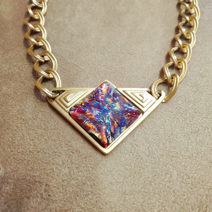 Yves Saint Laurent Vintage Necklace Gold Pink Purple Dichroic Glass Statement - The Hirst Collection