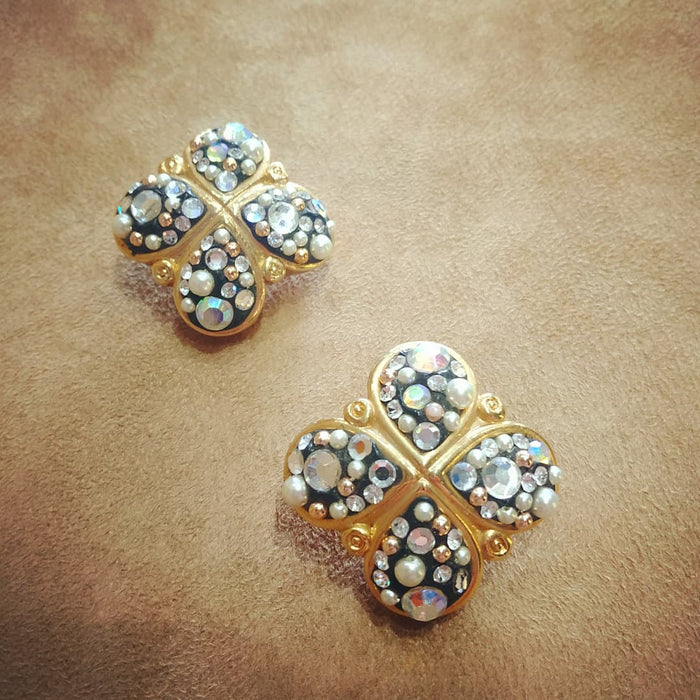Jacky De G Chunky Vintage Gold Quatrefoil Earrings - The Hirst Collection