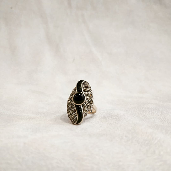 Art Deco Ring with Black Onyx and Marcasite Swirly - The Hirst Collection