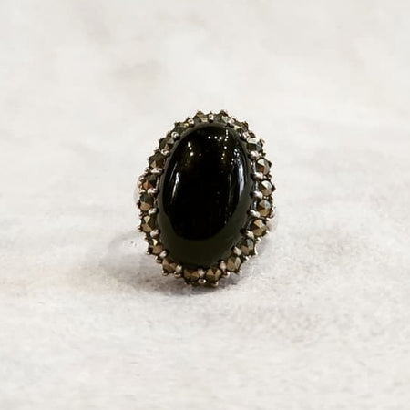 Oval Black Onyx Cocktail Ring Silver Marcasite - The Hirst Collection