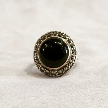 Art Deco Circle Ring Silver Black Marcasite - The Hirst Collection