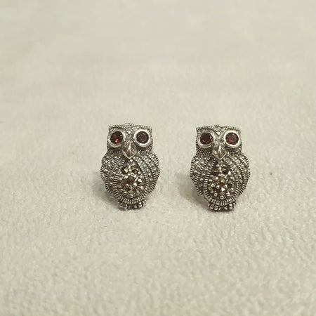 Silver Marcasite Garnet Owl Studs Earrings - The Hirst Collection