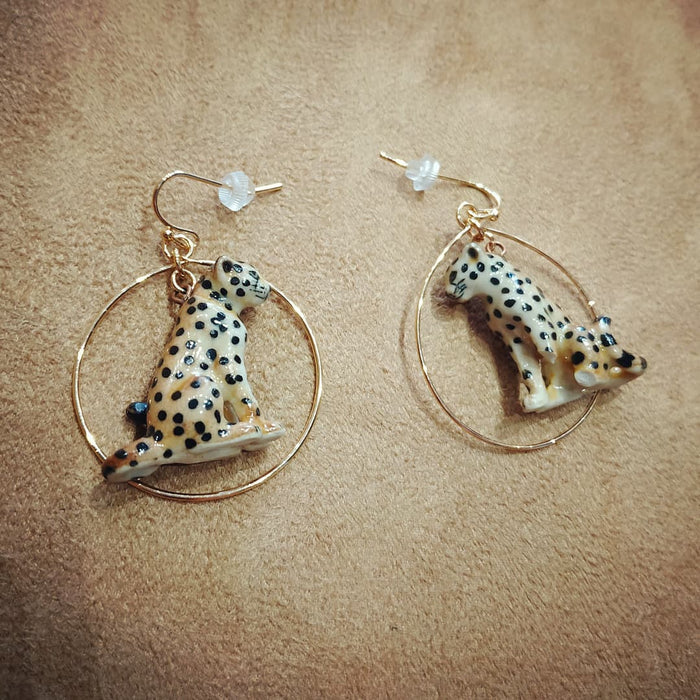 Sitting Cheetah porcelaine gold hoop earrings by And Mary - The Hirst Collection