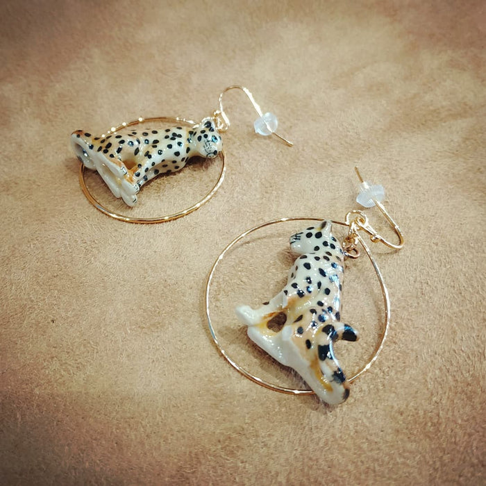 Sitting Cheetah porcelaine gold hoop earrings by And Mary - The Hirst Collection